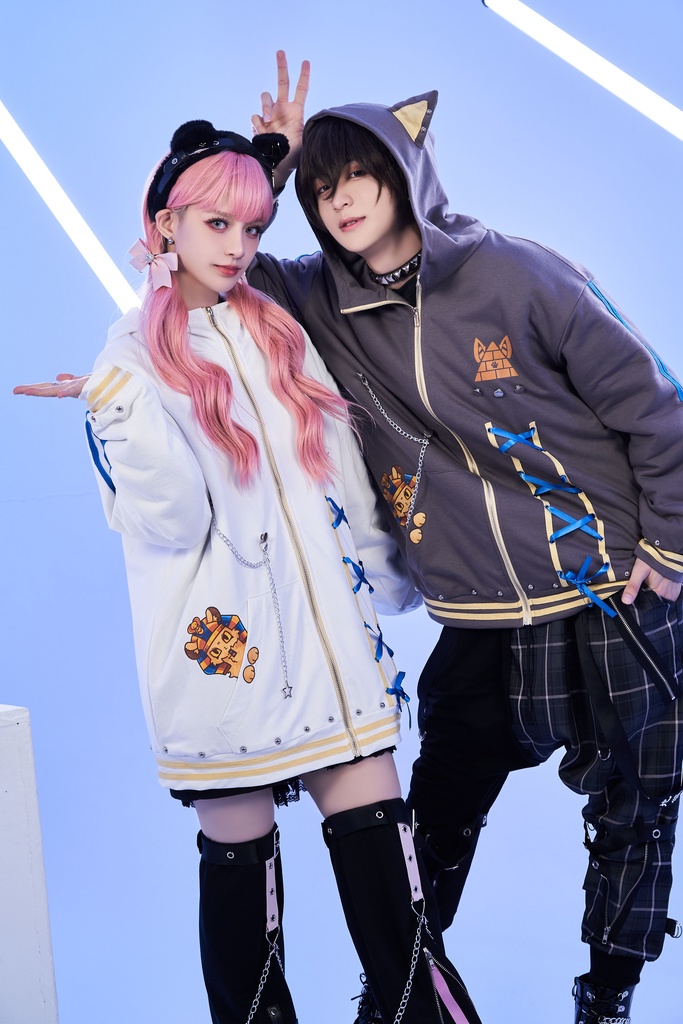 Jillpunk芝麻コラボ ゆめかわ 可愛い スフィンクスベビー 太陽神 お宅 ニ次コン エジプト神話 ゆったり スダッズ細工 リボン 鎖チェーン付き 獣耳 長袖 パーカー 裏起毛フード付きジャケット オリジナル メンズ レディーズ 男女兼用