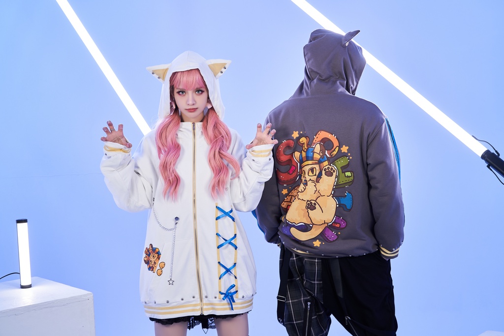 Jillpunk芝麻コラボ ゆめかわ 可愛い スフィンクスベビー 太陽神 お宅 ニ次コン エジプト神話 ゆったり スダッズ細工 リボン 鎖チェーン付き 獣耳 長袖 パーカー 裏起毛フード付きジャケット オリジナル メンズ レディーズ 男女兼用