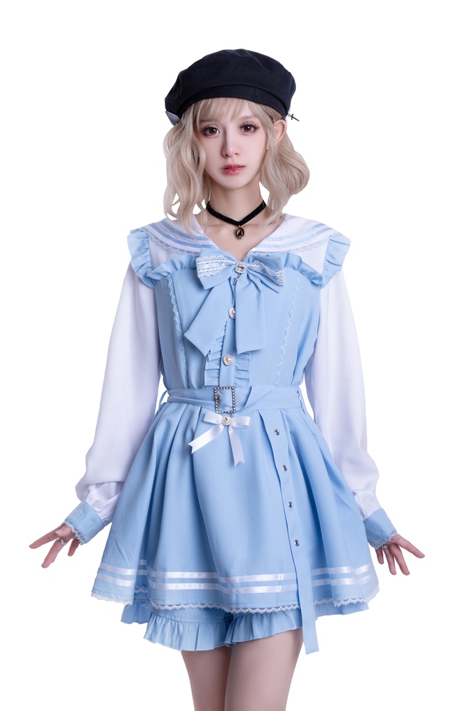Jillpunk 量産型 天使界隈 ゆめかわ ロリータ 幻夢の心 蝶ネクタイ ベルト付き セーラー服 長袖ワンピース コルセットピアス ハートボタン シャツドレス フリルショーパン 2点セット 姫系 可愛い おしゃれ ファッション萌え 秋葉原