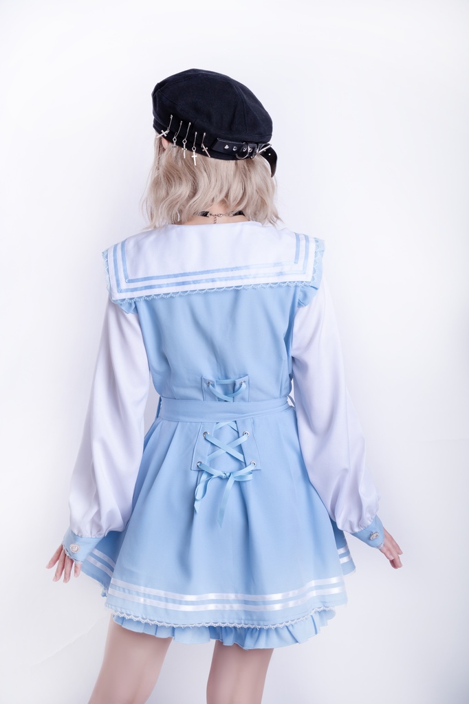 Jillpunk 量産型 天使界隈 ゆめかわ ロリータ 幻夢の心 蝶ネクタイ ベルト付き セーラー服 長袖ワンピース コルセットピアス ハートボタン シャツドレス フリルショーパン 2点セット 姫系 可愛い おしゃれ ファッション萌え 秋葉原