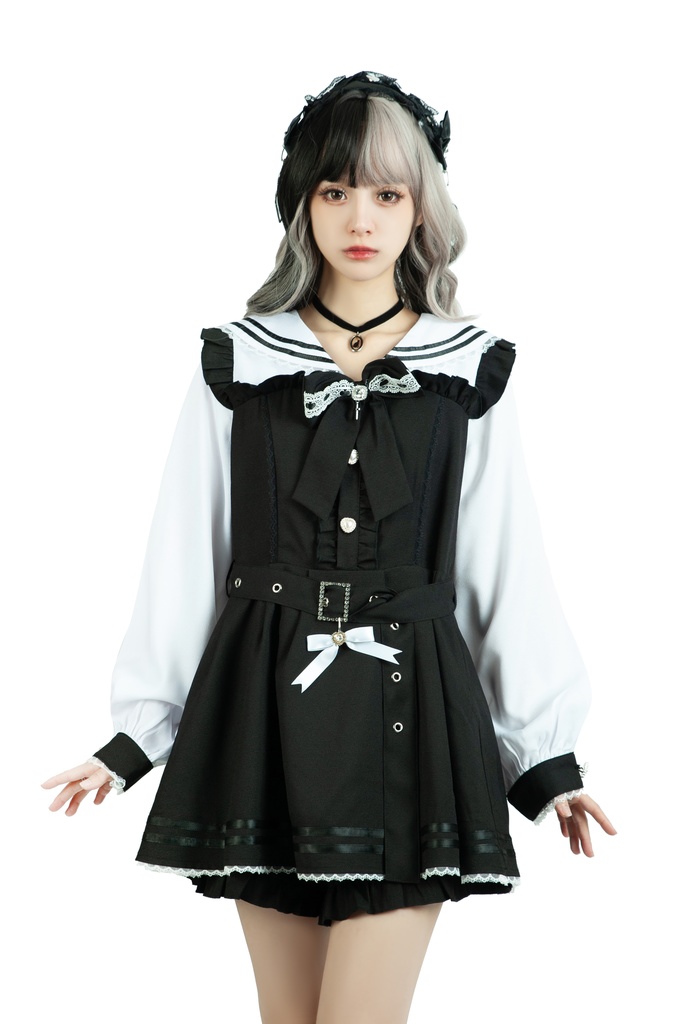 Jillpunk 量産型 天使界隈 ゆめかわ ロリータ 幻夢の心 蝶ネクタイ ベルト付き セーラー服 長袖ワンピース コルセットピアス ハートボタン シャツドレス フリルショーパン 2点セット 姫系 可愛い おしゃれ ファッション萌え 秋葉原