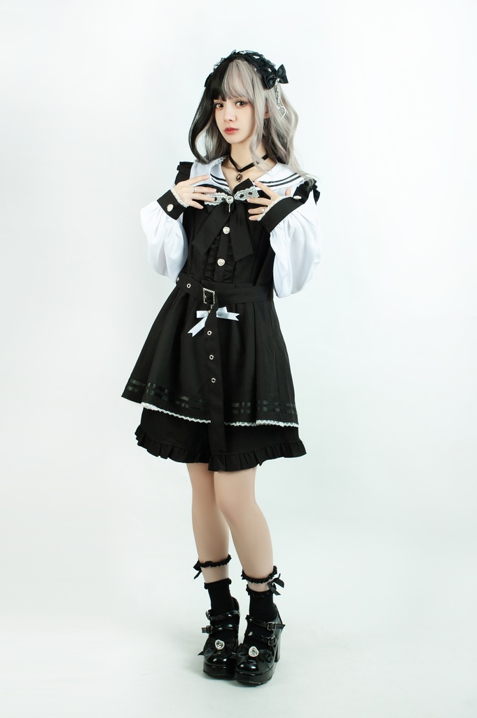Jillpunk 量産型 天使界隈 ゆめかわ ロリータ 幻夢の心 蝶ネクタイ ベルト付き セーラー服 長袖ワンピース コルセットピアス ハートボタン シャツドレス フリルショーパン 2点セット 姫系 可愛い おしゃれ ファッション萌え 秋葉原