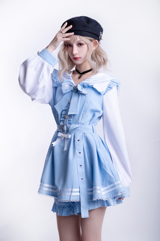 Jillpunk 量産型 天使界隈 ゆめかわ ロリータ 幻夢の心 蝶ネクタイ ベルト付き セーラー服 長袖ワンピース コルセットピアス ハートボタン シャツドレス フリルショーパン 2点セット 姫系 可愛い おしゃれ ファッション萌え 秋葉原