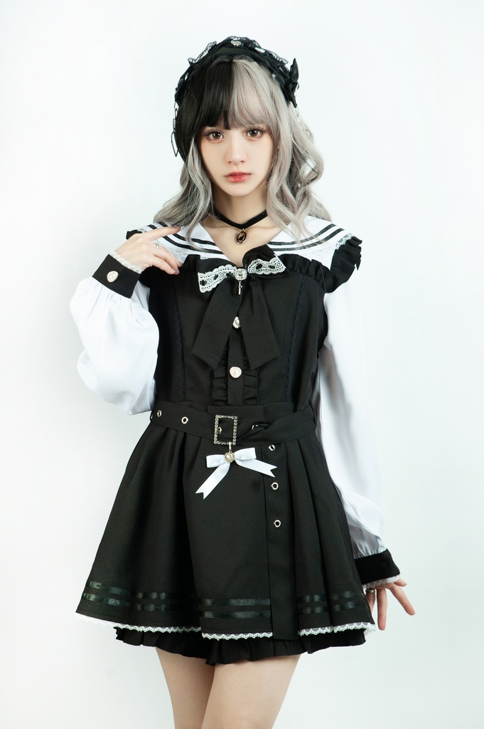 Jillpunk 量産型 天使界隈 ゆめかわ ロリータ 幻夢の心 蝶ネクタイ ベルト付き セーラー服 長袖ワンピース コルセットピアス ハートボタン シャツドレス フリルショーパン 2点セット 姫系 可愛い おしゃれ ファッション萌え 秋葉原