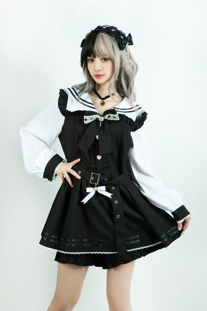 Jillpunk 量産型 天使界隈 ゆめかわ ロリータ 幻夢の心 蝶ネクタイ ベルト付き セーラー服 長袖ワンピース コルセットピアス ハートボタン シャツドレス フリルショーパン 2点セット 姫系 可愛い おしゃれ ファッション萌え 秋葉原