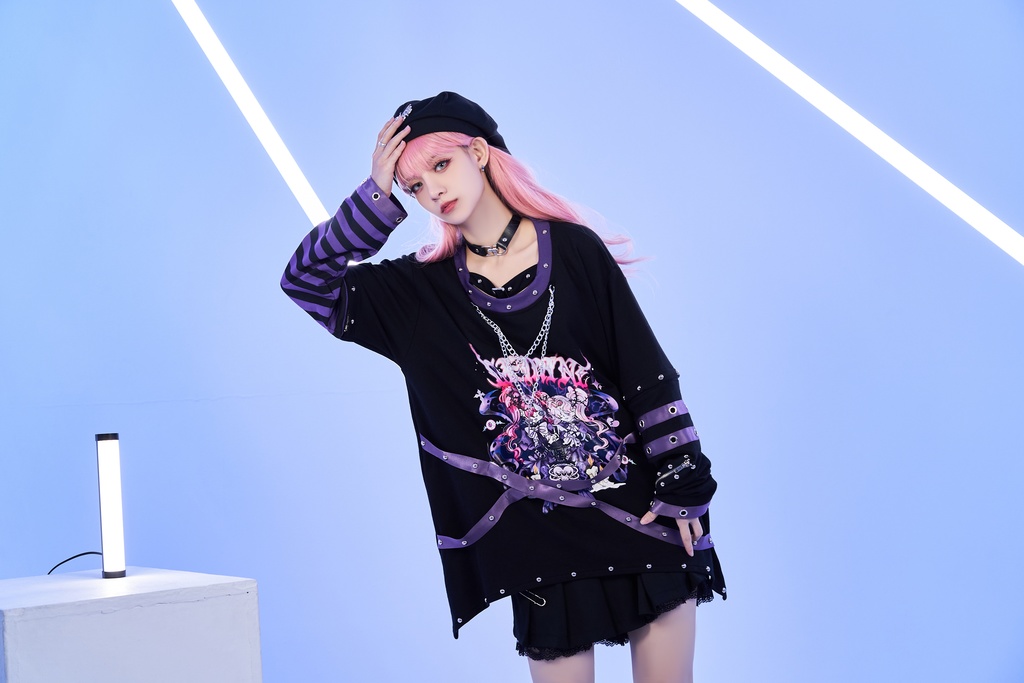 Jillpunk 病みカワ アニメ風 パンク ダーク系 星座シリーズ 魔幻の盛宴 双子座 取り外し可能袖 鎖チェーン ハーネス スダッズ付き 2WAYゆったり 半袖Tシャツ カットソー メンズ レディー V系 オリジナル おしゃれ 男女兼用ファッション