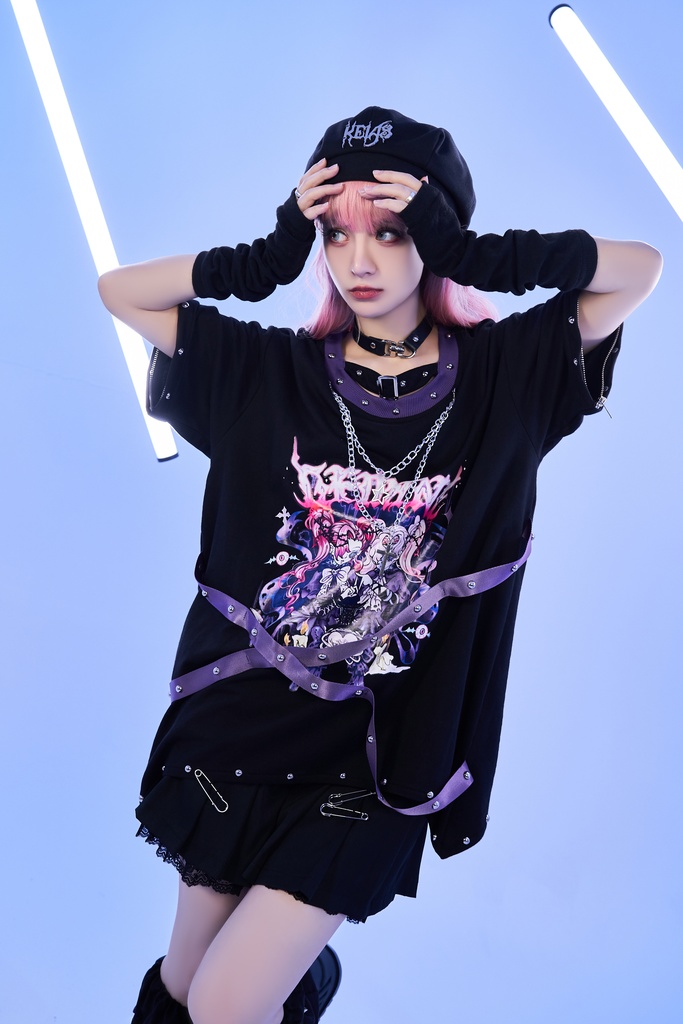 Jillpunk 病みカワ アニメ風 パンク ダーク系 星座シリーズ 魔幻の盛宴 双子座 取り外し可能袖 鎖チェーン ハーネス スダッズ付き 2WAYゆったり 半袖Tシャツ カットソー メンズ レディー V系 オリジナル おしゃれ 男女兼用ファッション