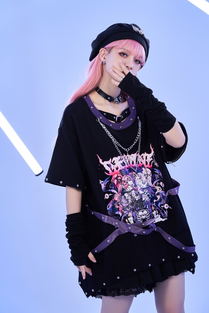 Jillpunk 病みカワ アニメ風 パンク ダーク系 星座シリーズ 魔幻の盛宴 双子座 取り外し可能袖 鎖チェーン ハーネス スダッズ付き 2WAYゆったり 半袖Tシャツ カットソー メンズ レディー V系 オリジナル おしゃれ 男女兼用ファッション