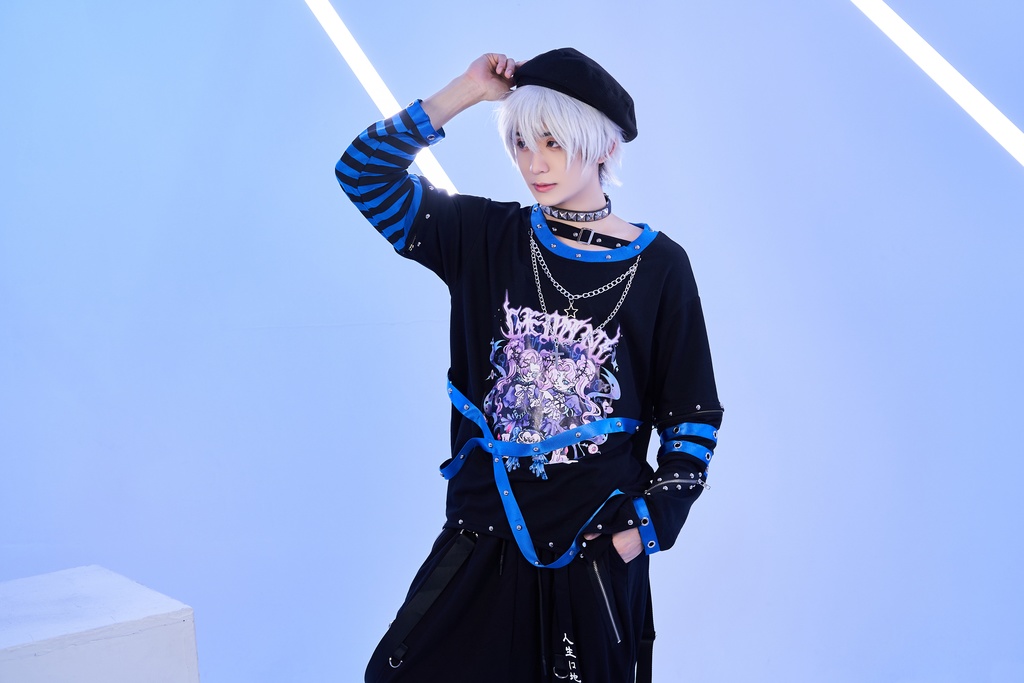 Jillpunk 病みカワ アニメ風 パンク ダーク系 星座シリーズ 魔幻の盛宴 双子座 取り外し可能袖 鎖チェーン ハーネス スダッズ付き 2WAYゆったり 半袖Tシャツ カットソー メンズ レディー V系 オリジナル おしゃれ 男女兼用ファッション