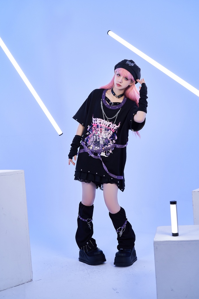 Jillpunk 病みカワ アニメ風 パンク ダーク系 星座シリーズ 魔幻の盛宴 双子座 取り外し可能袖 鎖チェーン ハーネス スダッズ付き 2WAYゆったり 半袖Tシャツ カットソー メンズ レディー V系 オリジナル おしゃれ 男女兼用ファッション