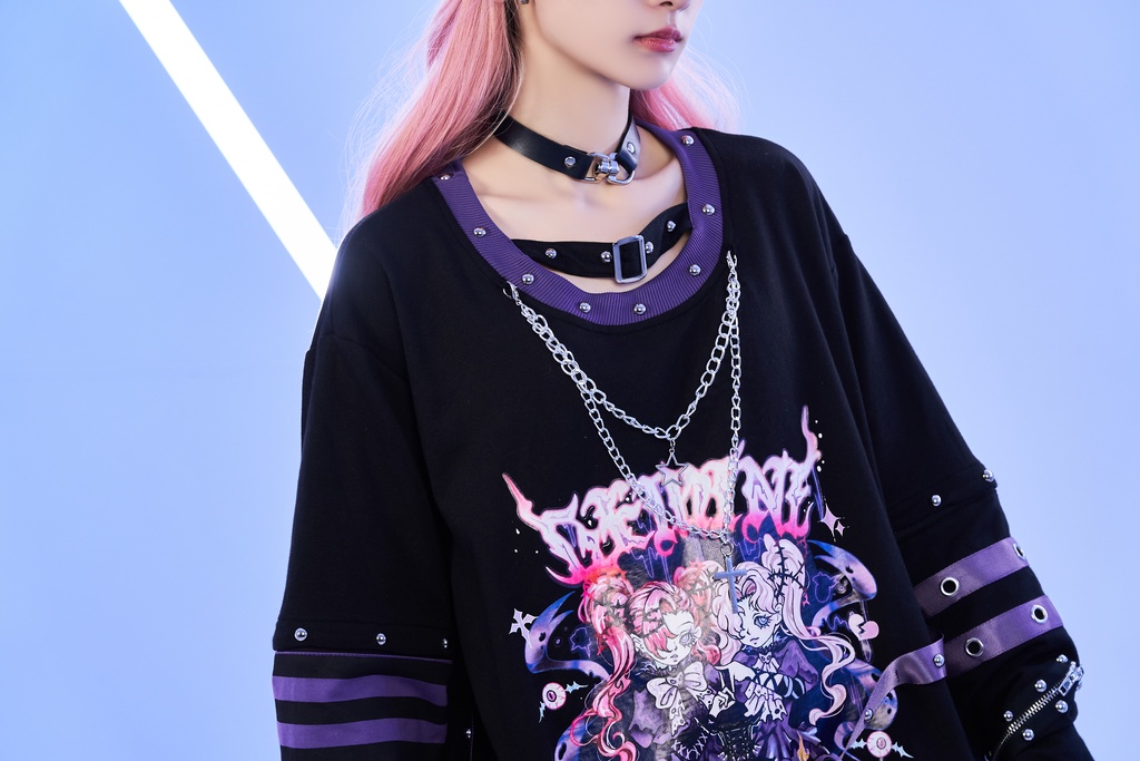 Jillpunk 病みカワ アニメ風 パンク ダーク系 星座シリーズ 魔幻の盛宴 双子座 取り外し可能袖 鎖チェーン ハーネス スダッズ付き 2WAYゆったり 半袖Tシャツ カットソー メンズ レディー V系 オリジナル おしゃれ 男女兼用ファッション