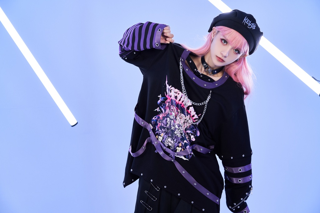 Jillpunk 病みカワ アニメ風 パンク ダーク系 星座シリーズ 魔幻の盛宴 双子座 取り外し可能袖 鎖チェーン ハーネス スダッズ付き 2WAYゆったり 半袖Tシャツ カットソー メンズ レディー V系 オリジナル おしゃれ 男女兼用ファッション