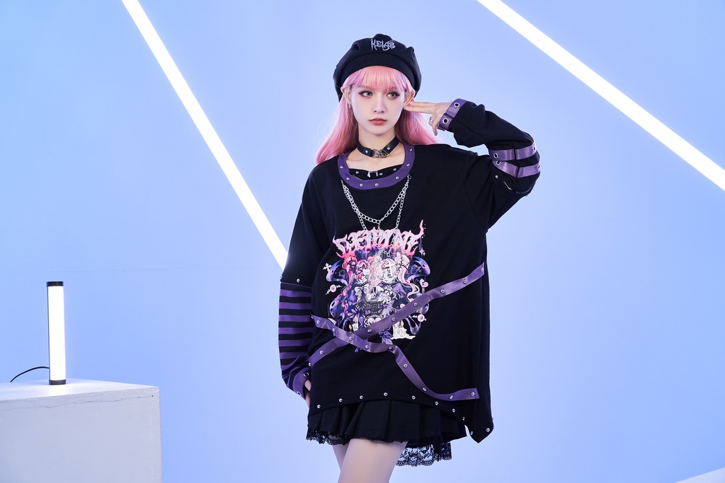 Jillpunk 病みカワ アニメ風 パンク ダーク系 星座シリーズ 魔幻の盛宴 双子座 取り外し可能袖 鎖チェーン ハーネス スダッズ付き 2WAYゆったり 半袖Tシャツ カットソー メンズ レディー V系 オリジナル おしゃれ 男女兼用ファッション