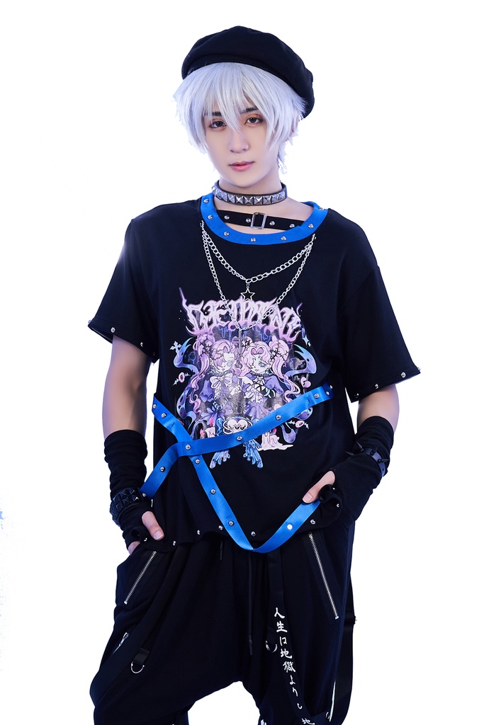 Jillpunk 病みカワ アニメ風 パンク ダーク系 星座シリーズ 魔幻の盛宴 双子座 取り外し可能袖 鎖チェーン ハーネス スダッズ付き 2WAYゆったり 半袖Tシャツ カットソー メンズ レディー V系 オリジナル おしゃれ 男女兼用ファッション