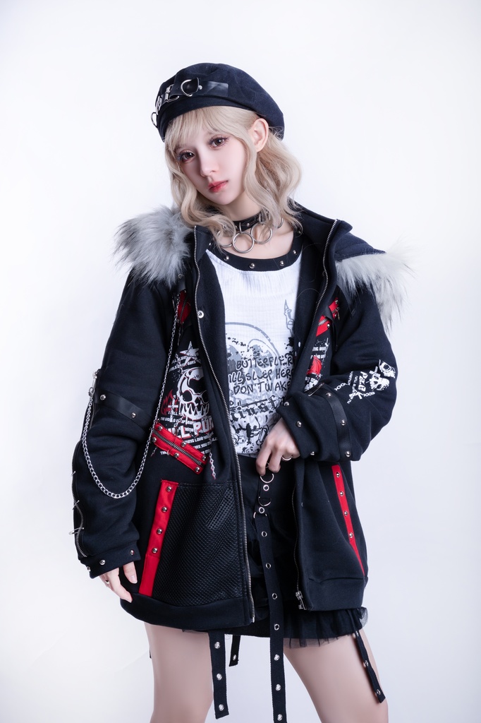 Jillpunk兄系 パンクロック 零度空間 王道パンク 漁網メッシュポケット 鎖チェーン 羽根モチーフ 裏起毛 取り外し可能フェイクファー付き 防寒 フロントベルト 長袖パーカーコート フード付きジャケット オリジナル メンズ レディー V系 おしゃれ 男女兼用ファッション