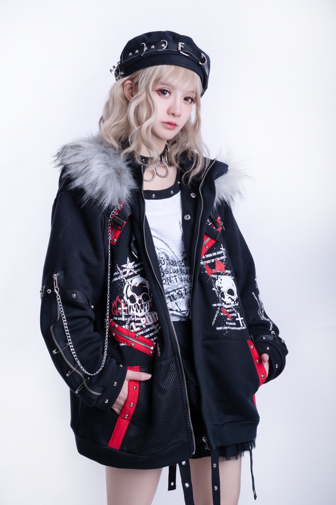 Jillpunk兄系 パンクロック 零度空間 王道パンク 漁網メッシュポケット 鎖チェーン 羽根モチーフ 裏起毛 取り外し可能フェイクファー付き 防寒 フロントベルト 長袖パーカーコート フード付きジャケット オリジナル メンズ レディー V系 おしゃれ 男女兼用ファッション