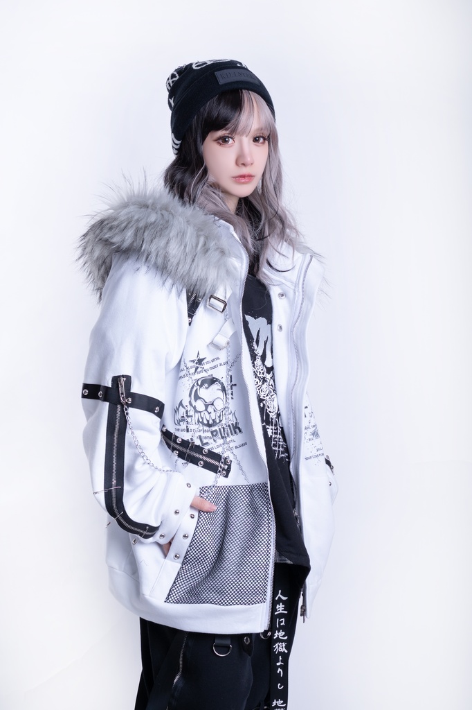 Jillpunk兄系 パンクロック 零度空間 王道パンク 漁網メッシュポケット 鎖チェーン 羽根モチーフ 裏起毛 取り外し可能フェイクファー付き 防寒 フロントベルト 長袖パーカーコート フード付きジャケット オリジナル メンズ レディー V系 おしゃれ 男女兼用ファッション
