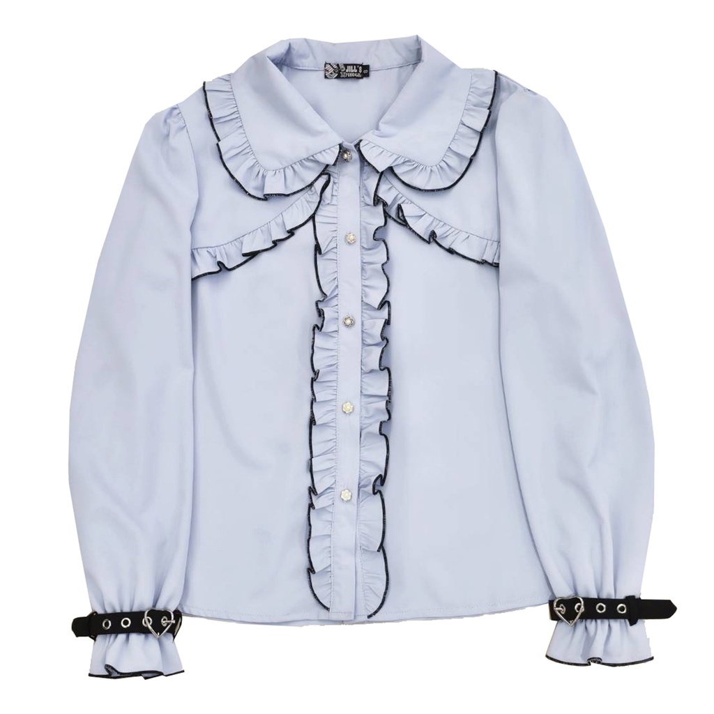Jillpunk 量産型 天使界隈 ゆめかわ ロリータ 水色の天使 蝶ネクタイ 腕ベルト付き フリル 無地長袖ブラウス パフスリーブ 人造パールボダン ドレスシャツ ハートバックルベルト付き ウィング飾り ハイウェスト フリル キュロット サスペンダーショーツ ショート丈パンツ 可愛い おしゃれ ファッション萌え 秋葉原