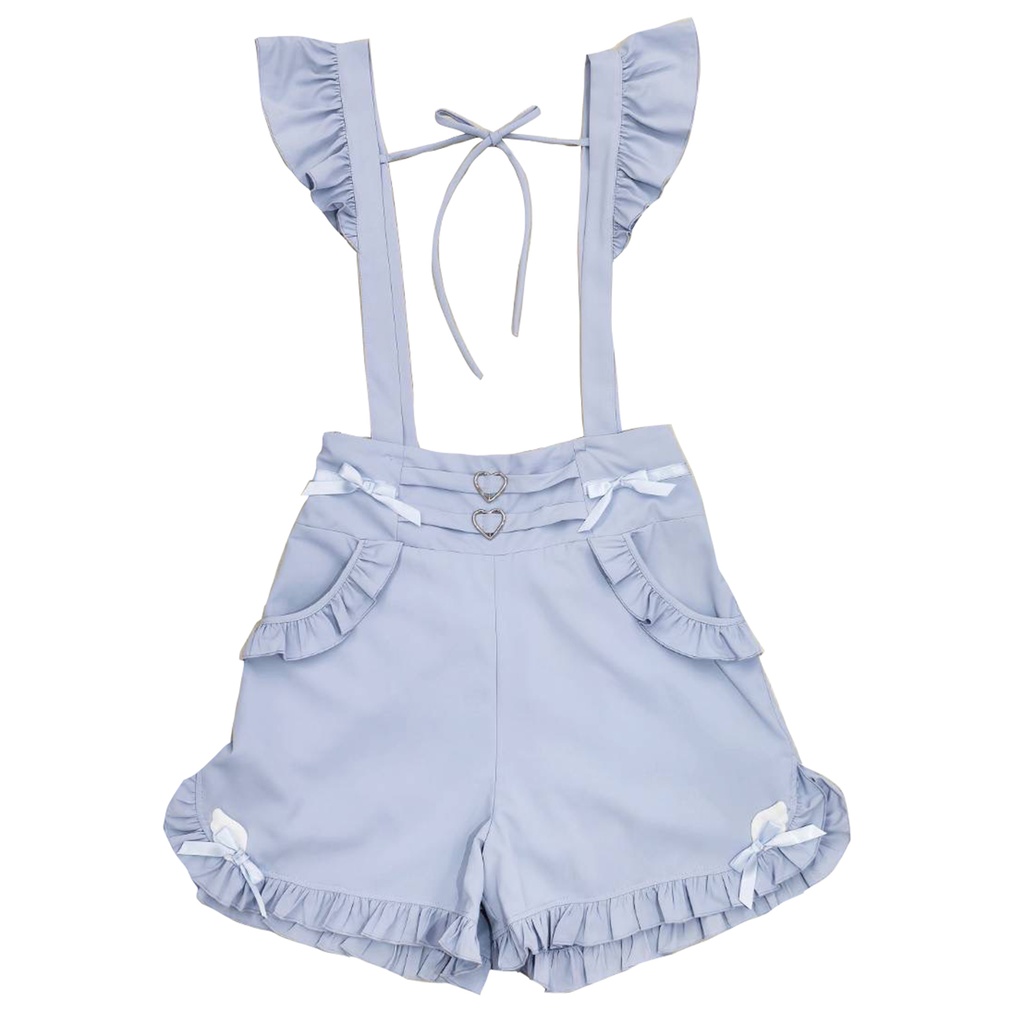 Jillpunk 量産型 天使界隈 ゆめかわ ロリータ 水色の天使 蝶ネクタイ 腕ベルト付き フリル 無地長袖ブラウス パフスリーブ 人造パールボダン ドレスシャツ ハートバックルベルト付き ウィング飾り ハイウェスト フリル キュロット サスペンダーショーツ ショート丈パンツ 可愛い おしゃれ ファッション萌え 秋葉原