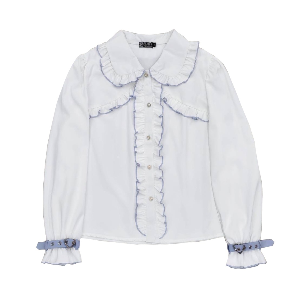 Jillpunk 量産型 天使界隈 ゆめかわ ロリータ 水色の天使 蝶ネクタイ 腕ベルト付き フリル 無地長袖ブラウス パフスリーブ 人造パールボダン ドレスシャツ ハートバックルベルト付き ウィング飾り ハイウェスト フリル キュロット サスペンダーショーツ ショート丈パンツ 可愛い おしゃれ ファッション萌え 秋葉原