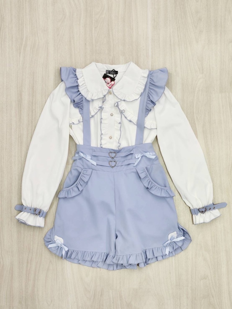 Jillpunk 量産型 天使界隈 ゆめかわ ロリータ 水色の天使 蝶ネクタイ 腕ベルト付き フリル 無地長袖ブラウス パフスリーブ 人造パールボダン ドレスシャツ ハートバックルベルト付き ウィング飾り ハイウェスト フリル キュロット サスペンダーショーツ ショート丈パンツ 可愛い おしゃれ ファッション萌え 秋葉原