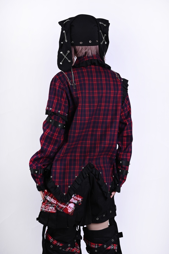 ゴシックパンクロックアシンメトリータータンチェックZIPパンツ赤×黒 ゴシックパンクロックアシンメトリータータンチェックZIPパンツ