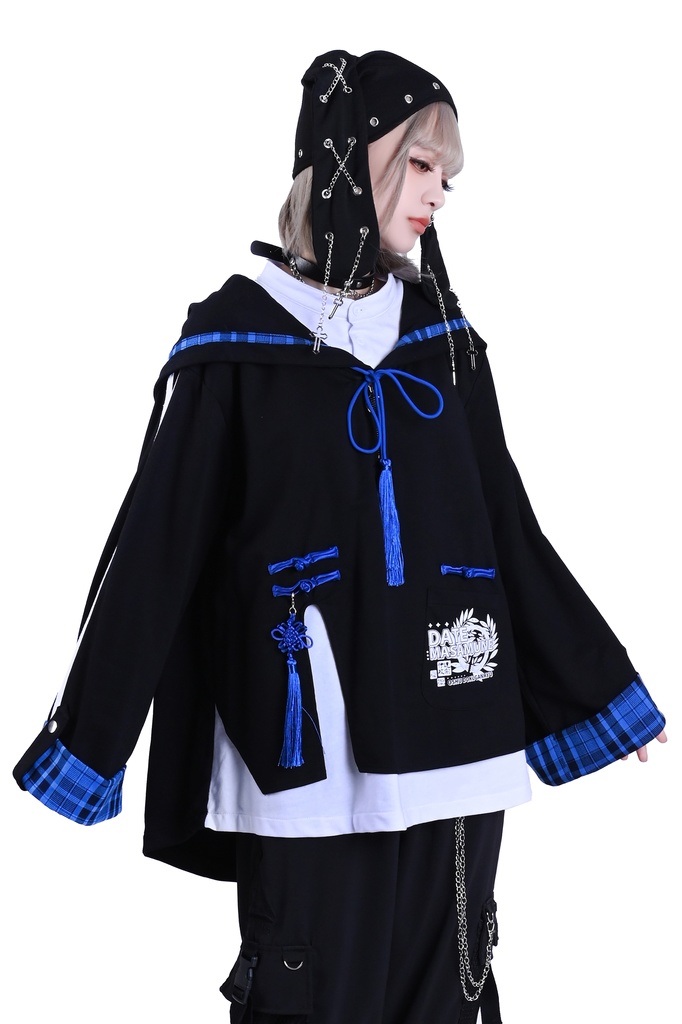 Jillpunk戦国武将物語 和洋折衷 独眼竜伊達政宗 タータンチェック和風柄 チャイナ結び付き ヘンリーカラー 重ね着 長袖パーカー オリジナル メンズ レディー カッコいい おしゃれ男女兼用ファッション秋葉系