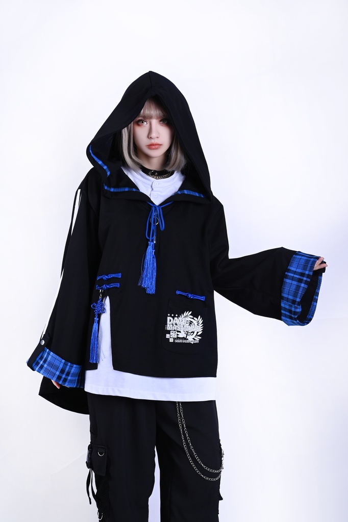 Jillpunk戦国武将物語 和洋折衷 独眼竜伊達政宗 タータンチェック和風柄 チャイナ結び付き ヘンリーカラー 重ね着 長袖パーカー オリジナル メンズ レディー カッコいい おしゃれ男女兼用ファッション秋葉系