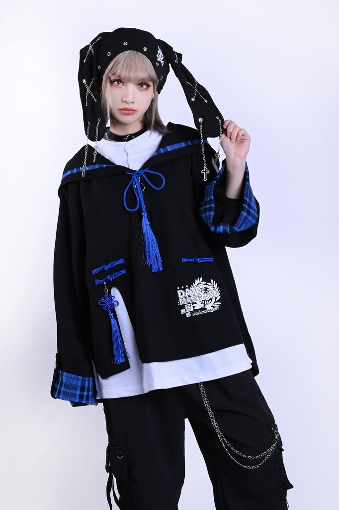 Jillpunk戦国武将物語 和洋折衷 独眼竜伊達政宗 タータンチェック和風柄 チャイナ結び付き ヘンリーカラー 重ね着 長袖パーカー オリジナル メンズ レディー カッコいい おしゃれ男女兼用ファッション秋葉系