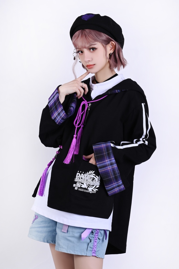 Jillpunk戦国武将物語 和洋折衷 独眼竜伊達政宗 タータンチェック和風柄 チャイナ結び付き ヘンリーカラー 重ね着 長袖パーカー オリジナル メンズ レディー カッコいい おしゃれ男女兼用ファッション秋葉系