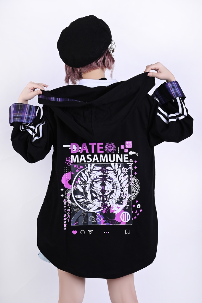 Jillpunk戦国武将物語 和洋折衷 独眼竜伊達政宗 タータンチェック和風柄 チャイナ結び付き ヘンリーカラー 重ね着 長袖パーカー オリジナル メンズ レディー カッコいい おしゃれ男女兼用ファッション秋葉系