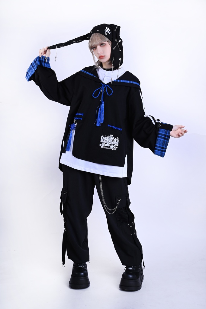 Jillpunk戦国武将物語 和洋折衷 独眼竜伊達政宗 タータンチェック和風柄 チャイナ結び付き ヘンリーカラー 重ね着 長袖パーカー オリジナル メンズ レディー カッコいい おしゃれ男女兼用ファッション秋葉系