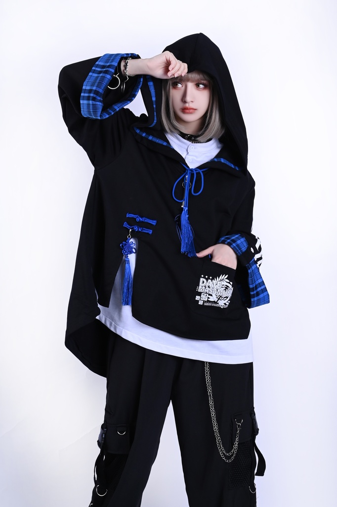 Jillpunk戦国武将物語 和洋折衷 独眼竜伊達政宗 タータンチェック和風柄 チャイナ結び付き ヘンリーカラー 重ね着 長袖パーカー オリジナル メンズ レディー カッコいい おしゃれ男女兼用ファッション秋葉系