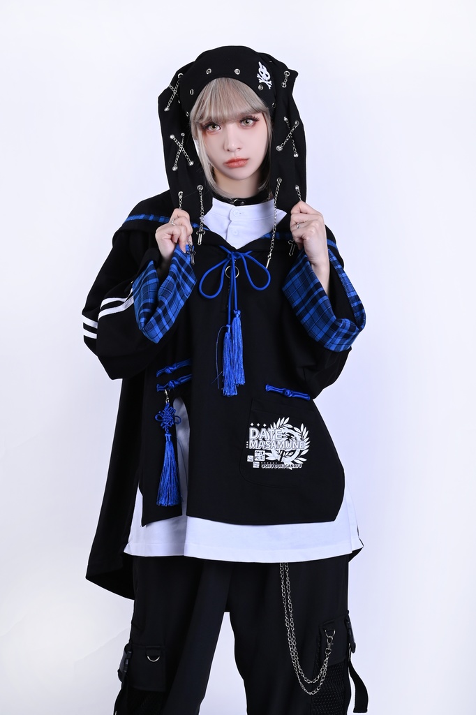 Jillpunk戦国武将物語 和洋折衷 独眼竜伊達政宗 タータンチェック和風柄 チャイナ結び付き ヘンリーカラー 重ね着 長袖パーカー オリジナル メンズ レディー カッコいい おしゃれ男女兼用ファッション秋葉系