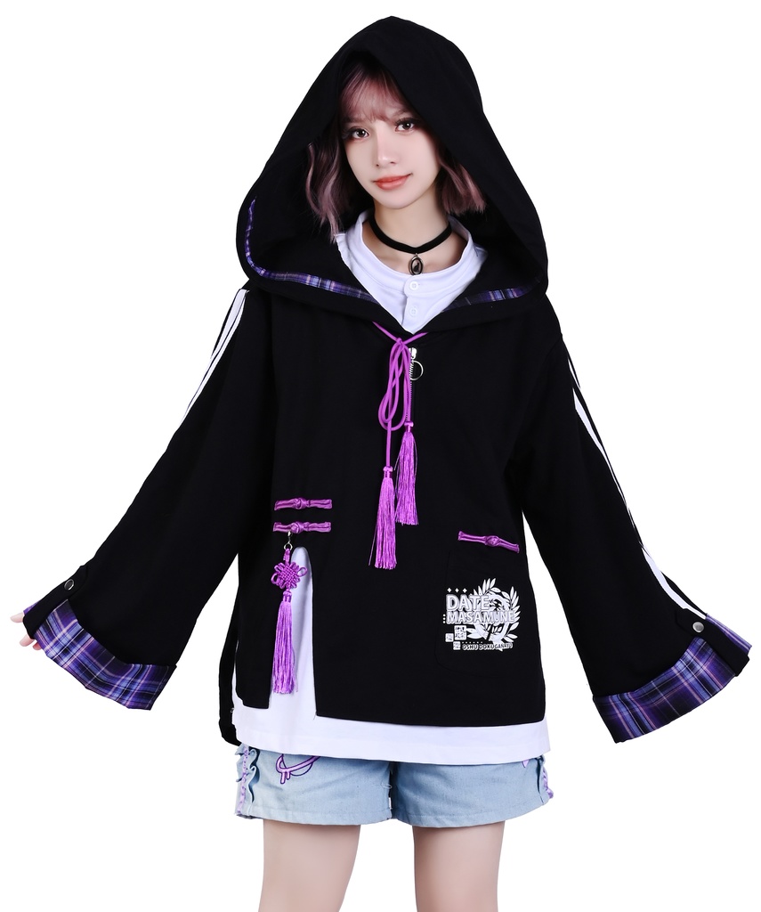 Jillpunk戦国武将物語 和洋折衷 独眼竜伊達政宗 タータンチェック和風柄 チャイナ結び付き ヘンリーカラー 重ね着 長袖パーカー オリジナル メンズ レディー カッコいい おしゃれ男女兼用ファッション秋葉系