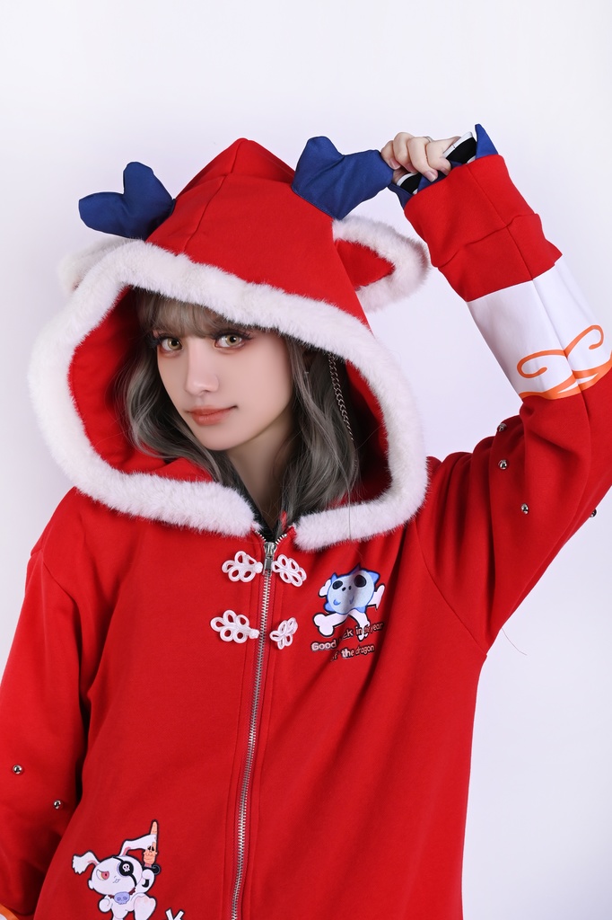Jillpunk台湾画師角斯コラボ 吉祥ドラゴンボート 中華風 ドラゴン チャイナ結び 東方神獣 裏起毛 獣耳パーカー 3D角フード付きジャケット オリジナルメンズ レディーズ おしゃれ大きいサイズ男女兼用可愛い秋葉系