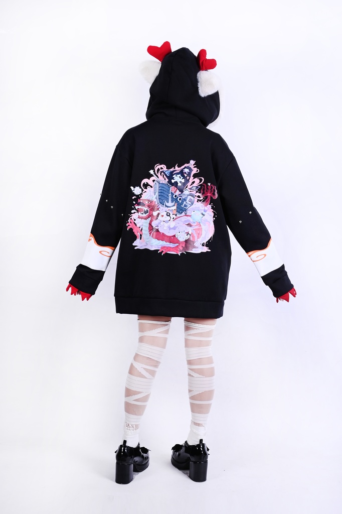 Jillpunk台湾画師角斯コラボ 吉祥ドラゴンボート 中華風 ドラゴン チャイナ結び 東方神獣 裏起毛 獣耳パーカー 3D角フード付きジャケット オリジナルメンズ レディーズ おしゃれ大きいサイズ男女兼用可愛い秋葉系