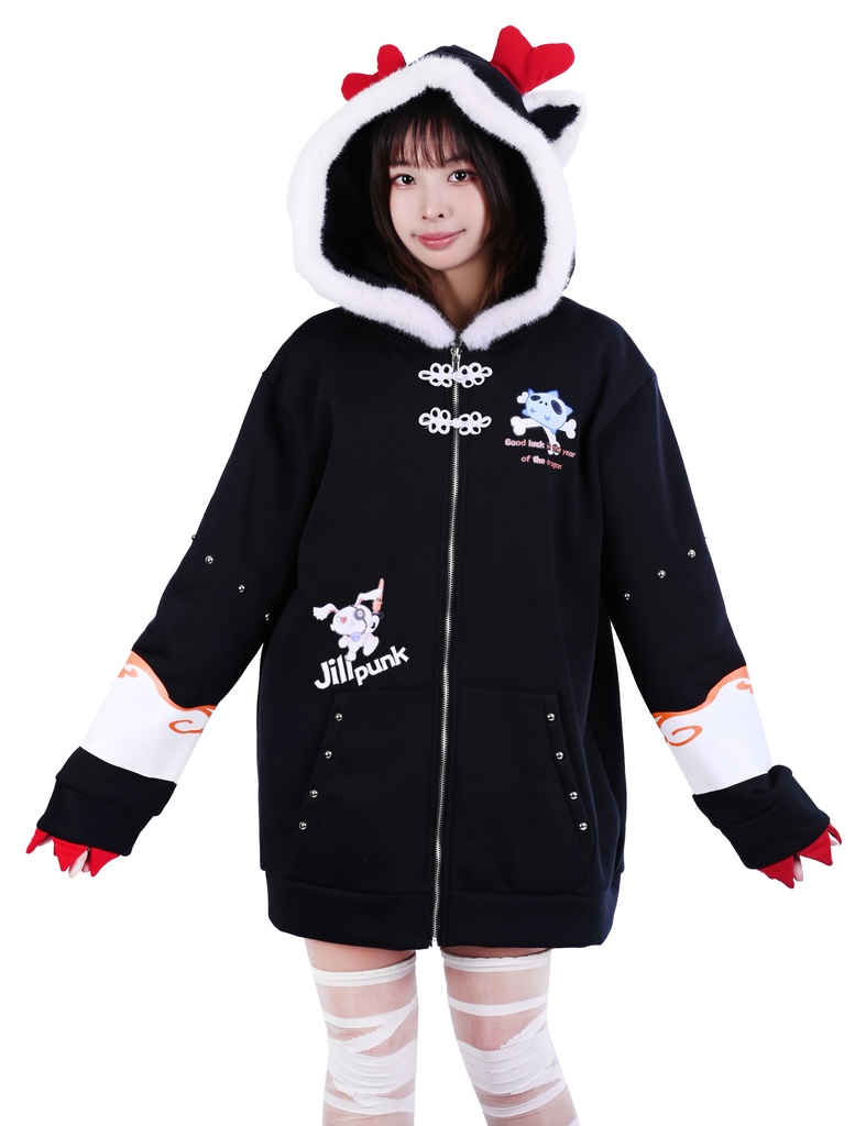 Jillpunk台湾画師角斯コラボ 吉祥ドラゴンボート 中華風 ドラゴン チャイナ結び 東方神獣 裏起毛 獣耳パーカー 3D角フード付きジャケット オリジナルメンズ レディーズ おしゃれ大きいサイズ男女兼用可愛い秋葉系