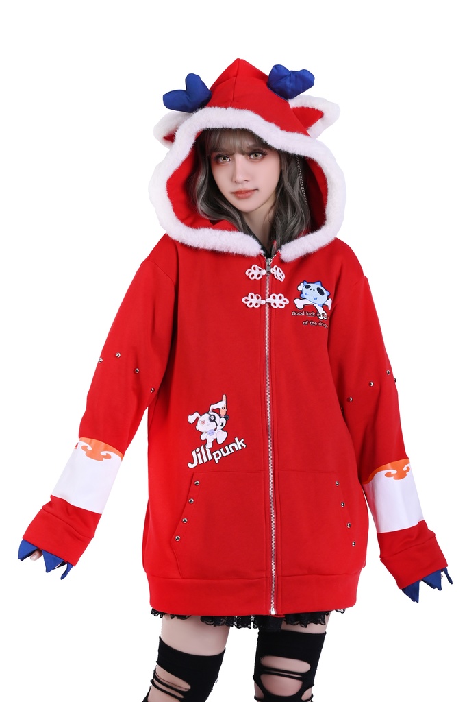 Jillpunk台湾画師角斯コラボ 吉祥ドラゴンボート 中華風 ドラゴン チャイナ結び 東方神獣 裏起毛 獣耳パーカー 3D角フード付きジャケット オリジナルメンズ レディーズ おしゃれ大きいサイズ男女兼用可愛い秋葉系