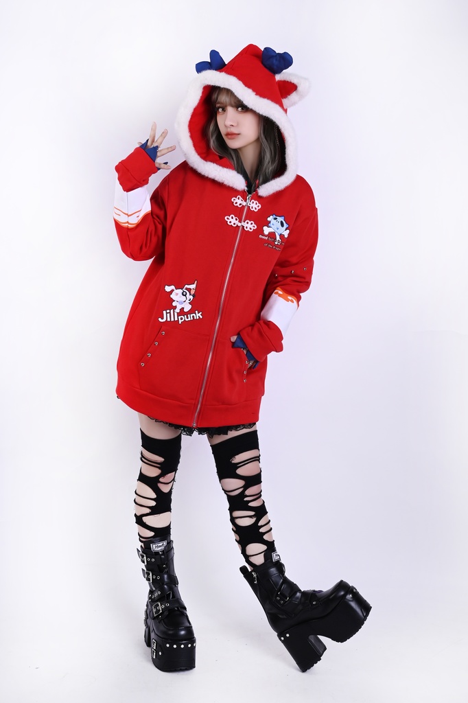 Jillpunk台湾画師角斯コラボ 吉祥ドラゴンボート 中華風 ドラゴン チャイナ結び 東方神獣 裏起毛 獣耳パーカー 3D角フード付きジャケット オリジナルメンズ レディーズ おしゃれ大きいサイズ男女兼用可愛い秋葉系