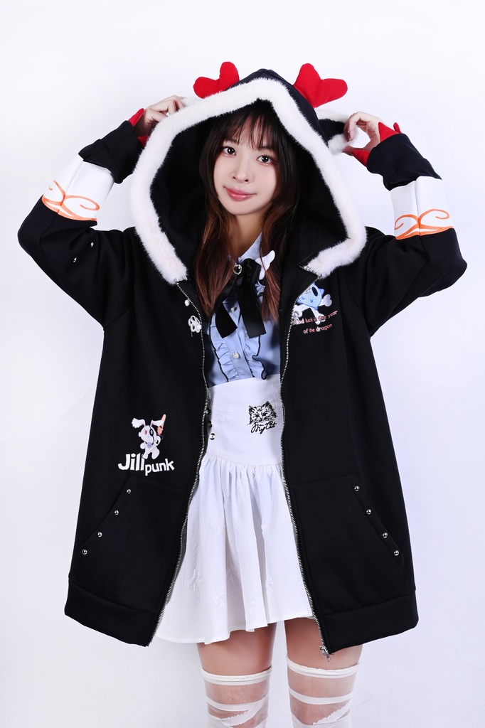 Jillpunk台湾画師角斯コラボ 吉祥ドラゴンボート 中華風 ドラゴン チャイナ結び 東方神獣 裏起毛 獣耳パーカー 3D角フード付きジャケット オリジナルメンズ レディーズ おしゃれ大きいサイズ男女兼用可愛い秋葉系