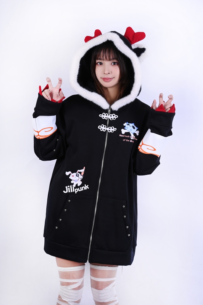 Jillpunk台湾画師角斯コラボ 吉祥ドラゴンボート 中華風 ドラゴン チャイナ結び 東方神獣 裏起毛 獣耳パーカー 3D角フード付きジャケット オリジナルメンズ レディーズ おしゃれ大きいサイズ男女兼用可愛い秋葉系