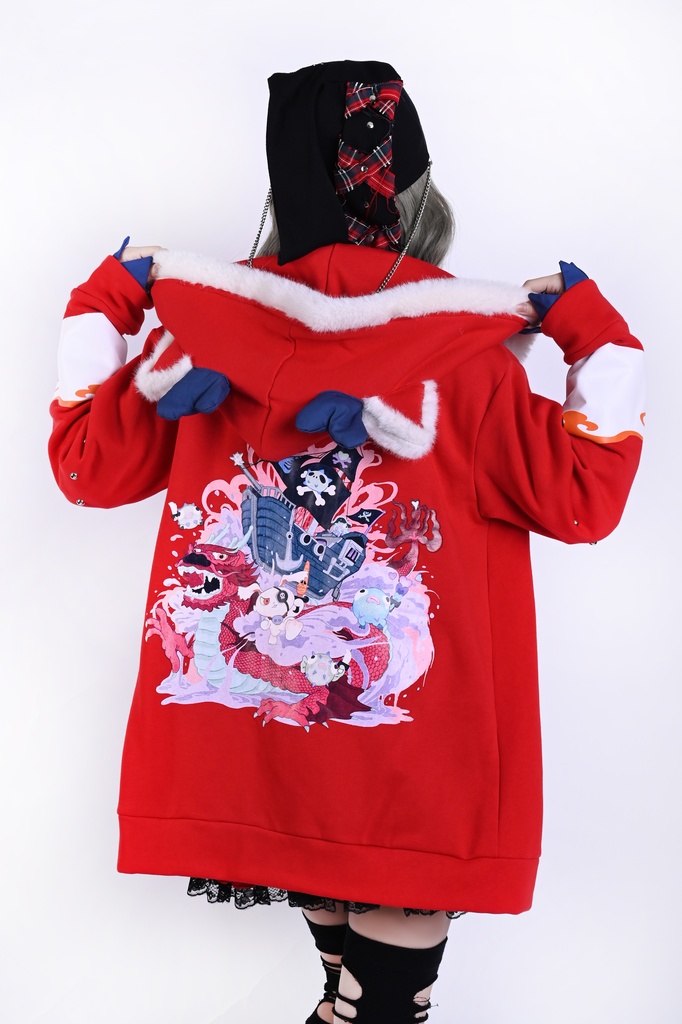 Jillpunk台湾画師角斯コラボ 吉祥ドラゴンボート 中華風 ドラゴン チャイナ結び 東方神獣 裏起毛 獣耳パーカー 3D角フード付きジャケット オリジナルメンズ レディーズ おしゃれ大きいサイズ男女兼用可愛い秋葉系