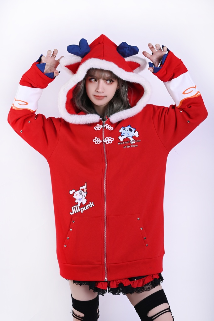 Jillpunk台湾画師角斯コラボ 吉祥ドラゴンボート 中華風 ドラゴン チャイナ結び 東方神獣 裏起毛 獣耳パーカー 3D角フード付きジャケット オリジナルメンズ レディーズ おしゃれ大きいサイズ男女兼用可愛い秋葉系