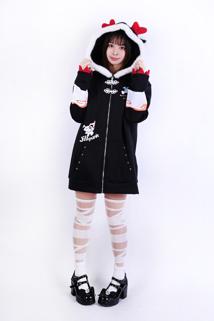 Jillpunk台湾画師角斯コラボ 吉祥ドラゴンボート 中華風 ドラゴン チャイナ結び 東方神獣 裏起毛 獣耳パーカー 3D角フード付きジャケット オリジナルメンズ レディーズ おしゃれ大きいサイズ男女兼用可愛い秋葉系