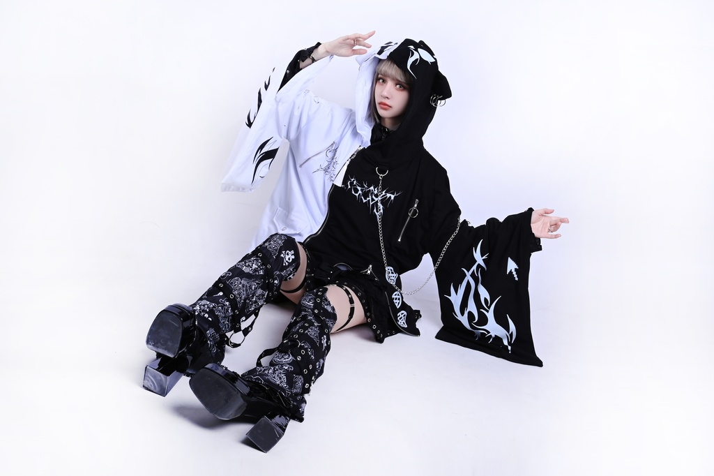 Jillpunk ゑいたコラボ 電子龍 サイバードラゴン エレクトロ 二次コン アニメ Ⅾ-リング細工 タッセル チェーン付き 振袖 現代羽織 獣耳フード付きジャケット オリジナル おしゃれ 男女兼用