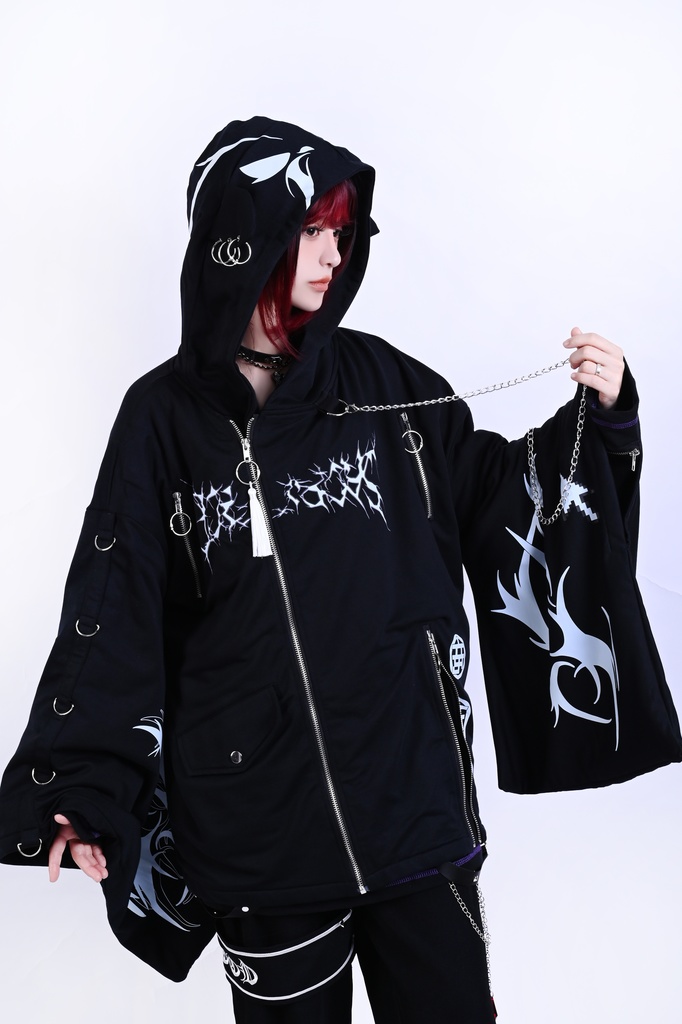 Jillpunk ゑいたコラボ 電子龍 サイバードラゴン エレクトロ 二次コン アニメ Ⅾ-リング細工 タッセル チェーン付き 振袖 現代羽織 獣耳フード付きジャケット オリジナル おしゃれ 男女兼用