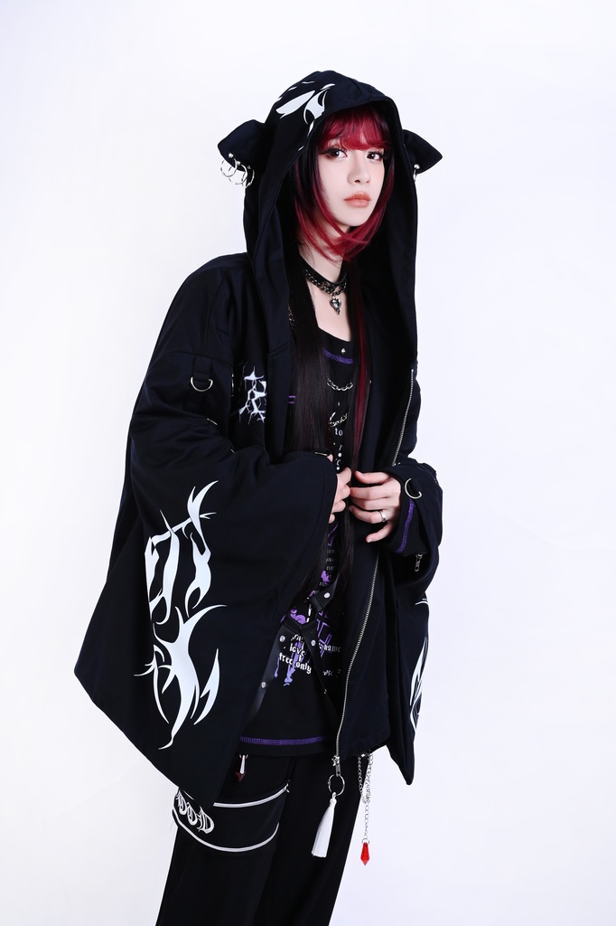 Jillpunk ゑいたコラボ 電子龍 サイバードラゴン エレクトロ 二次コン アニメ Ⅾ-リング細工 タッセル チェーン付き 振袖 現代羽織 獣耳フード付きジャケット オリジナル おしゃれ 男女兼用