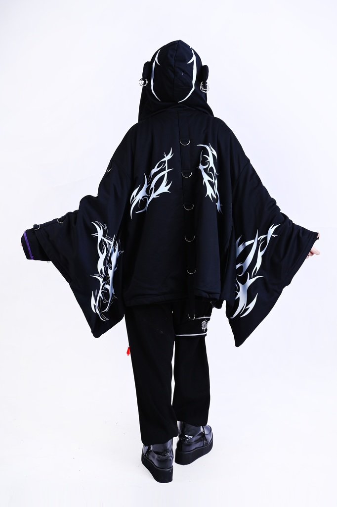 Jillpunk ゑいたコラボ 電子龍 サイバードラゴン エレクトロ 二次コン アニメ Ⅾ-リング細工 タッセル チェーン付き 振袖 現代羽織 獣耳フード付きジャケット オリジナル おしゃれ 男女兼用
