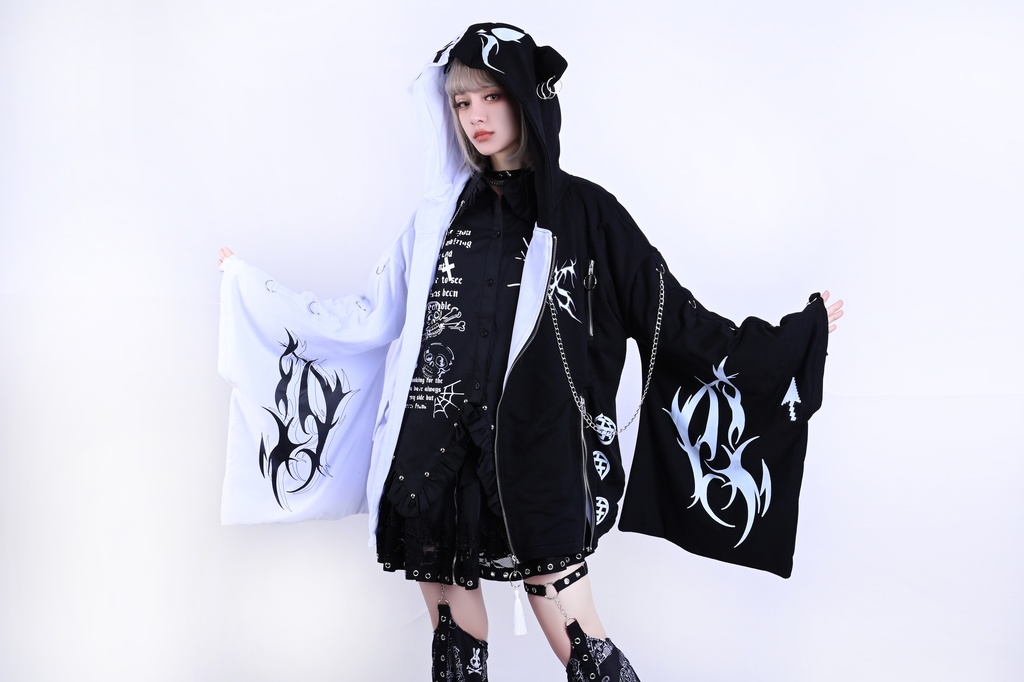 Jillpunk ゑいたコラボ 電子龍 サイバードラゴン エレクトロ 二次コン アニメ Ⅾ-リング細工 タッセル チェーン付き 振袖 現代羽織 獣耳フード付きジャケット オリジナル おしゃれ 男女兼用